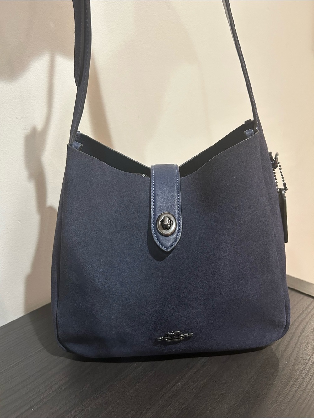 Coach Hadley Convertible Crossbody Bag features a deep blue suede body  EUC